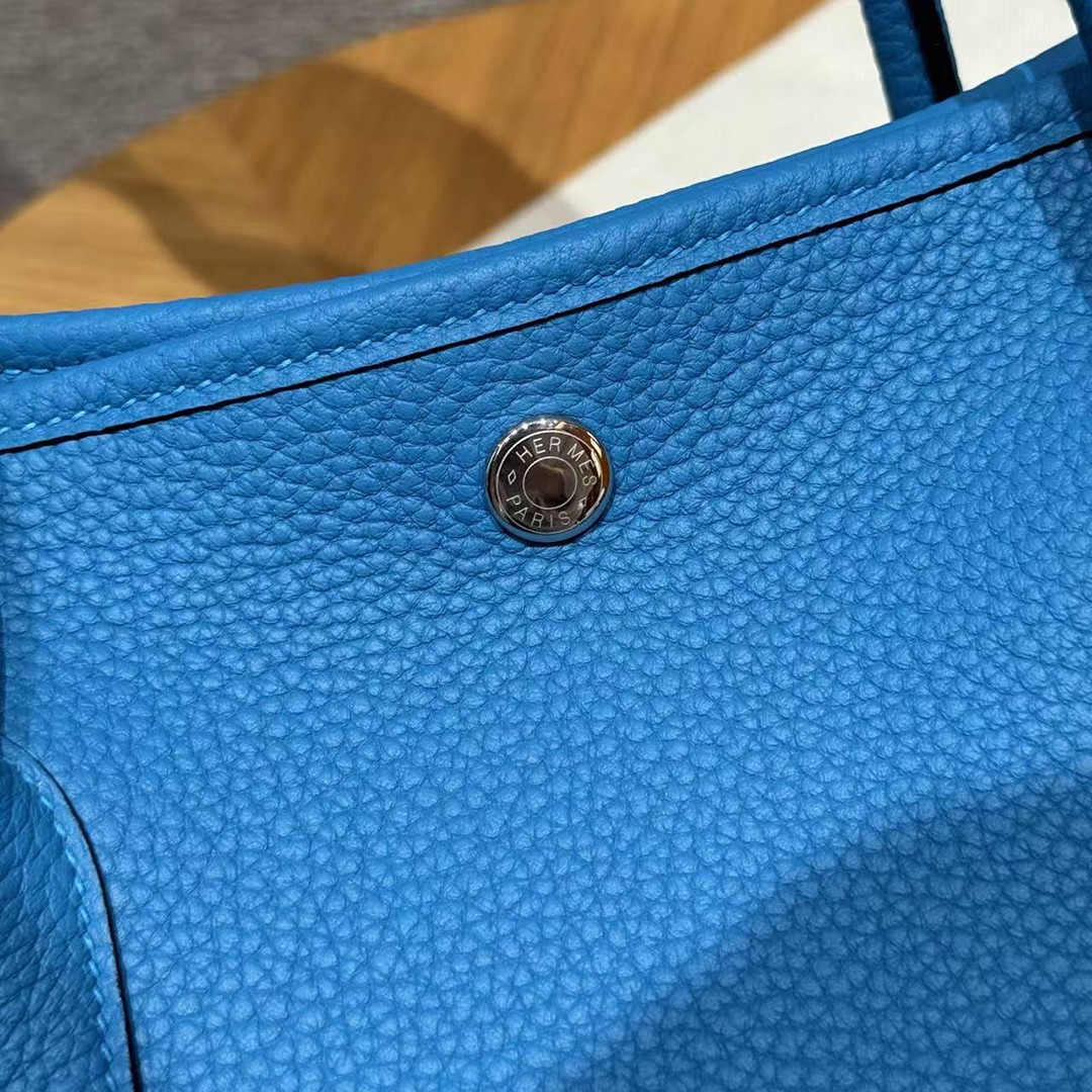 Hermes Garden Party 36 Bag Handmade In Vache Country Calfskin Leather Silver Hardware 0F Blue Frida - Image 9