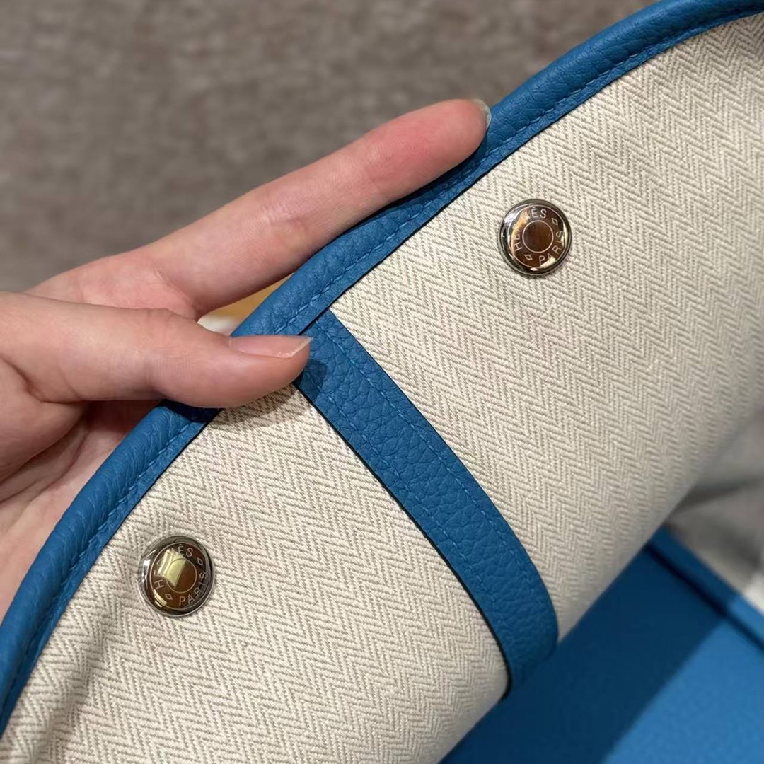 Hermes Garden Party 36 Bag Handmade In Vache Country Calfskin Leather Silver Hardware 0F Blue Frida - Image 7
