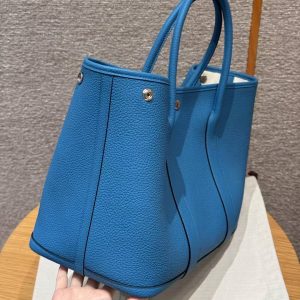 Hermes Garden Party 36 Bag Handmade In Vache Country Calfskin Leather Silver Hardware 0F Blue Frida - Image 5