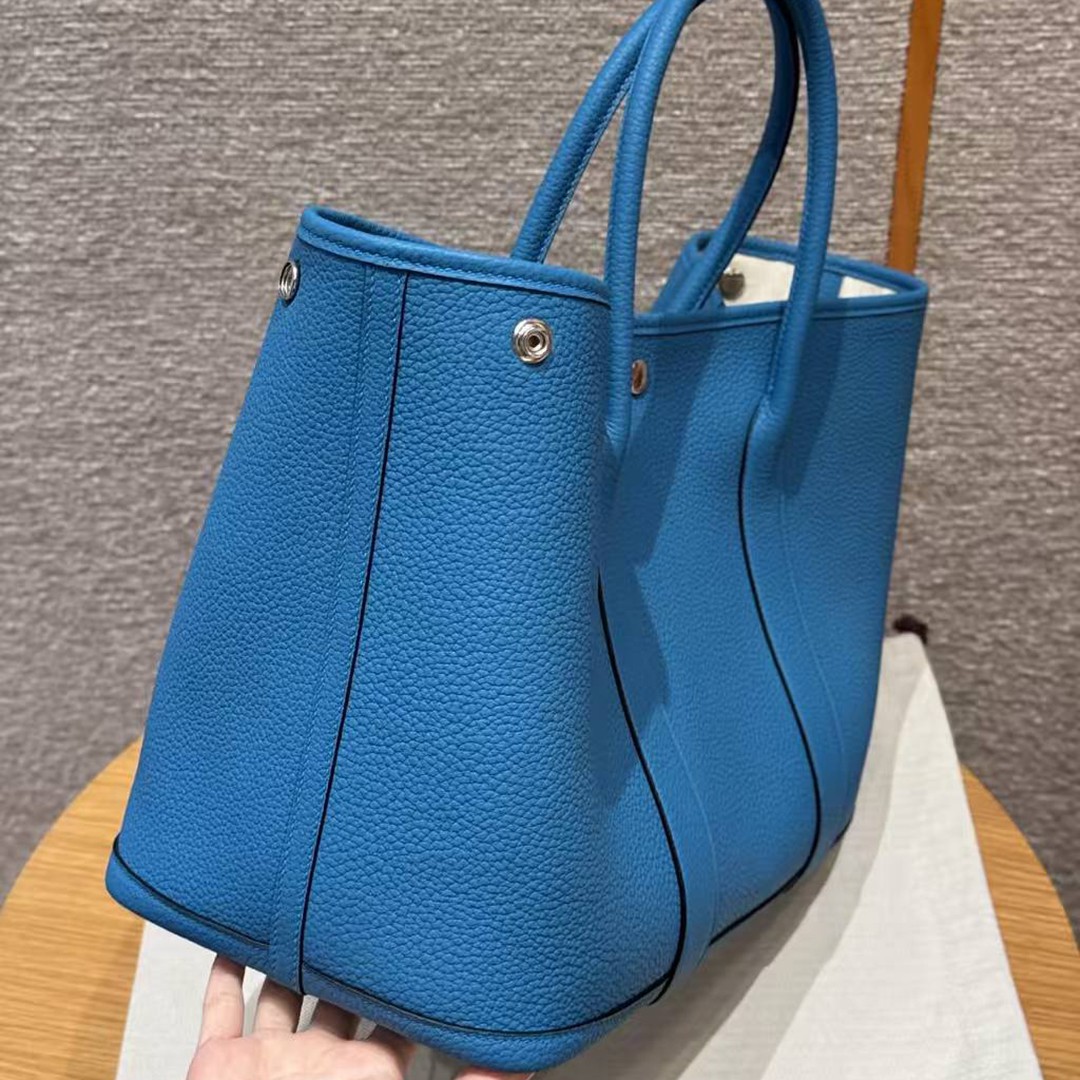 Hermes Garden Party 36 Bag Handmade In Vache Country Calfskin Leather Silver Hardware 0F Blue Frida - Image 5