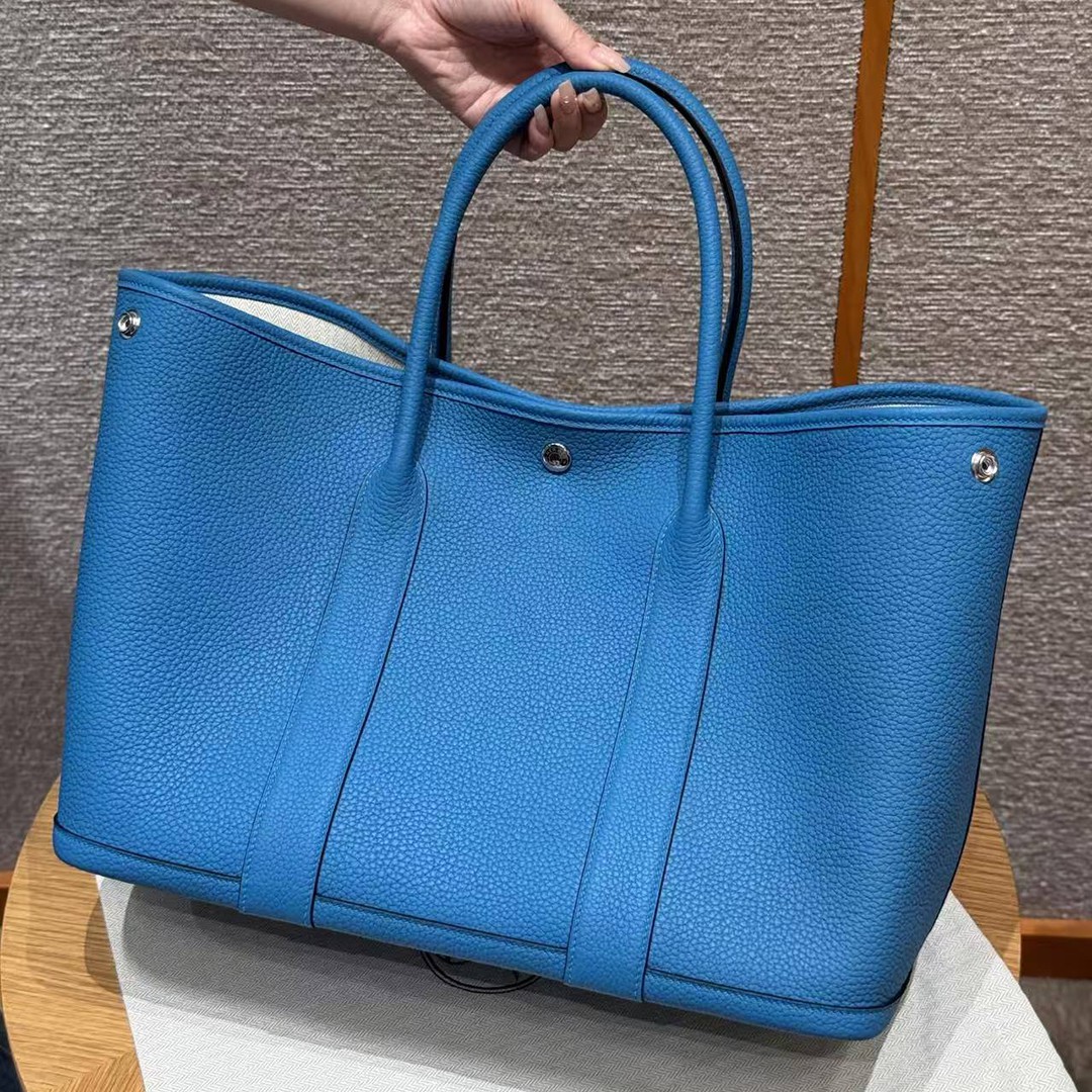 Hermes Garden Party 36 Bag Handmade In Vache Country Calfskin Leather Silver Hardware 0F Blue Frida - Image 4