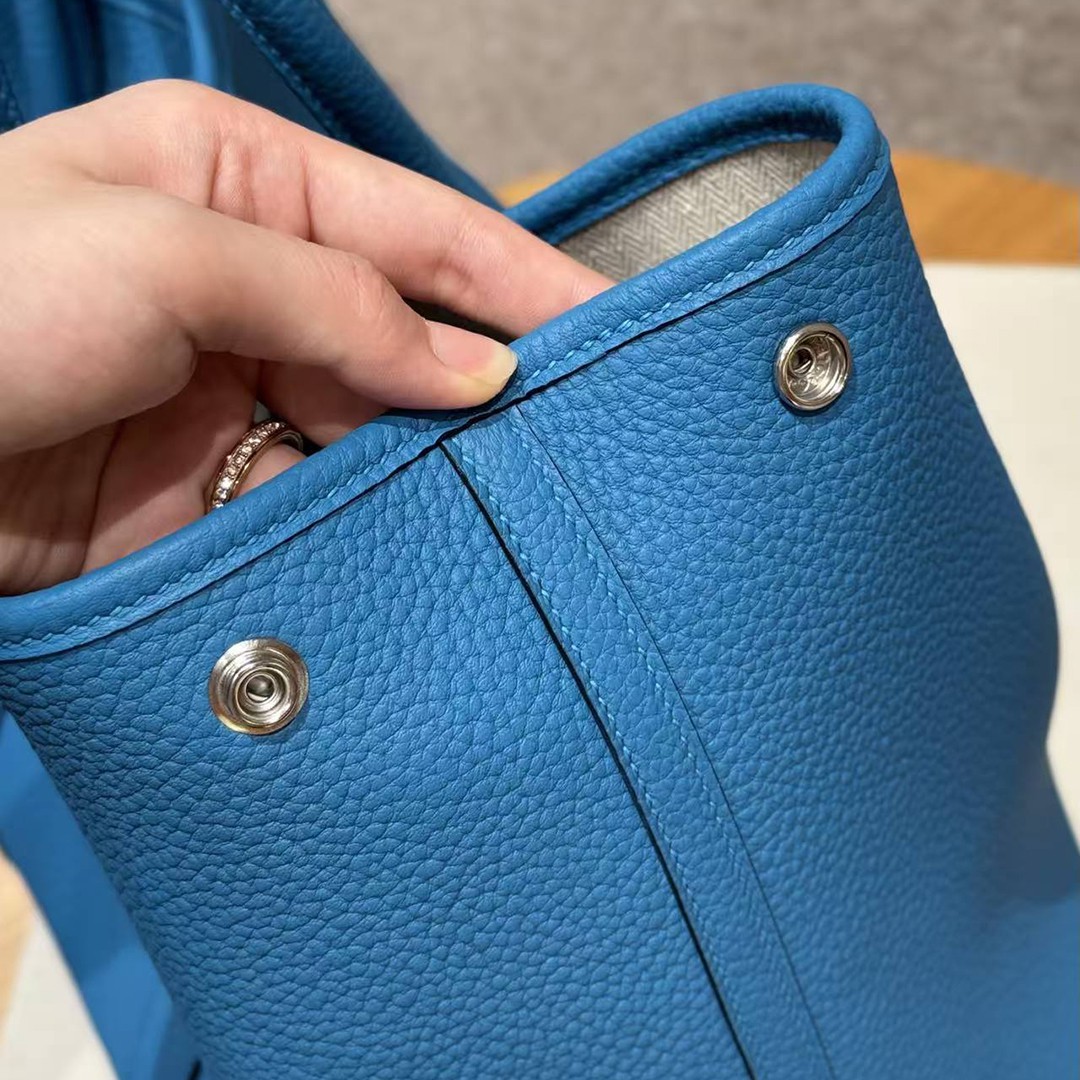 Hermes Garden Party 36 Bag Handmade In Vache Country Calfskin Leather Silver Hardware 0F Blue Frida - Image 3