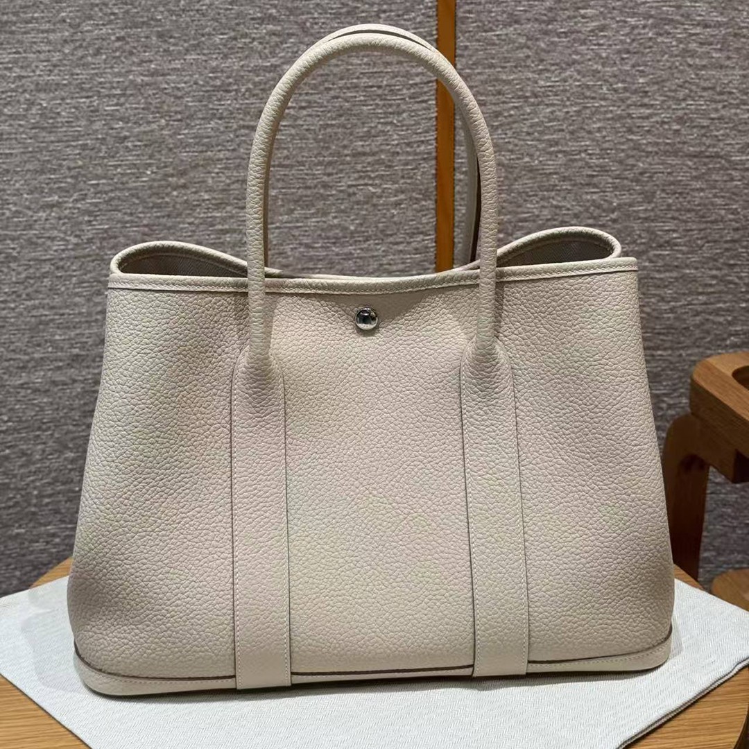 Hermes Garden Party 36 Bag Handmade In Vache Country Calfskin Leather Silver Hardware 10 Craie - Image 9