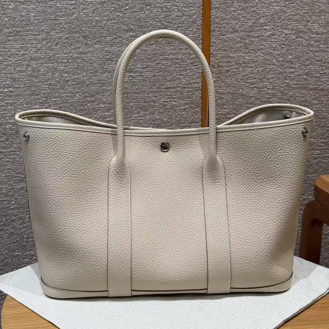 Hermes Garden Party 36 Bag Handmade In Vache Country Calfskin Leather Silver Hardware 10 Craie - Image 3