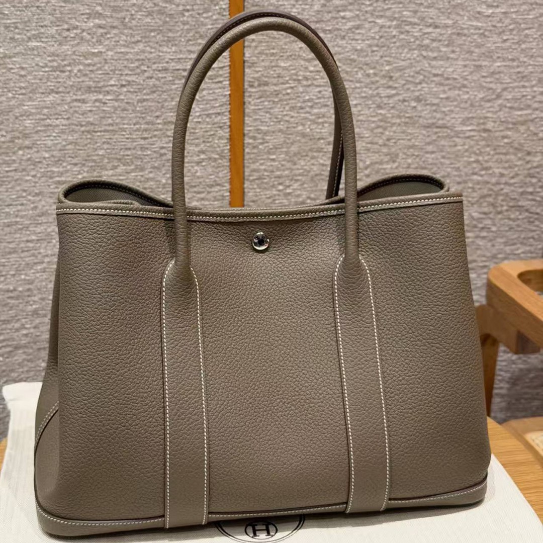 Hermes Garden Party 36 Bag Handmade In Vache Country Calfskin Leather Silver Hardware 18 Etoupe - Image 2