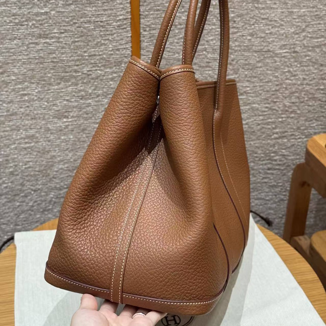 Hermes Garden Party 36 Bag Handmade In Vache Country Calfskin Leather Silver Hardware 37 Gold - Image 9