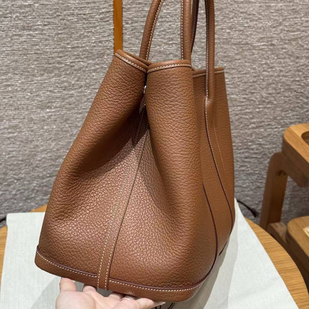 Hermes Garden Party 36 Bag Handmade In Vache Country Calfskin Leather Silver Hardware 37 Gold - Image 8