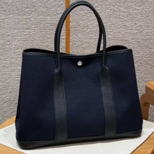 Hermes Garden Party 36 Bag Handmade In Negonda Calfskin Leather And Canvas Silver Hardware 7U Blue Navy Noir - Image 2