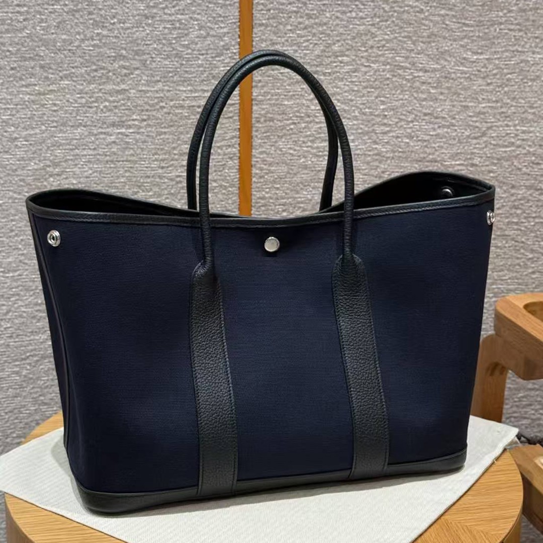 Hermes Garden Party 36 Bag Handmade In Negonda Calfskin Leather And Canvas Silver Hardware 7U Blue Navy Noir - Image 9