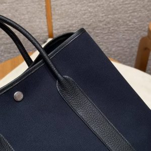 Hermes Garden Party 36 Bag Handmade In Negonda Calfskin Leather And Canvas Silver Hardware 7U Blue Navy Noir - Image 4