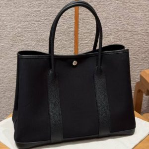 Hermes Garden Party 36 Bag Handmade In Negonda Calfskin Leather And Canvas Silver Hardware 89 Noir