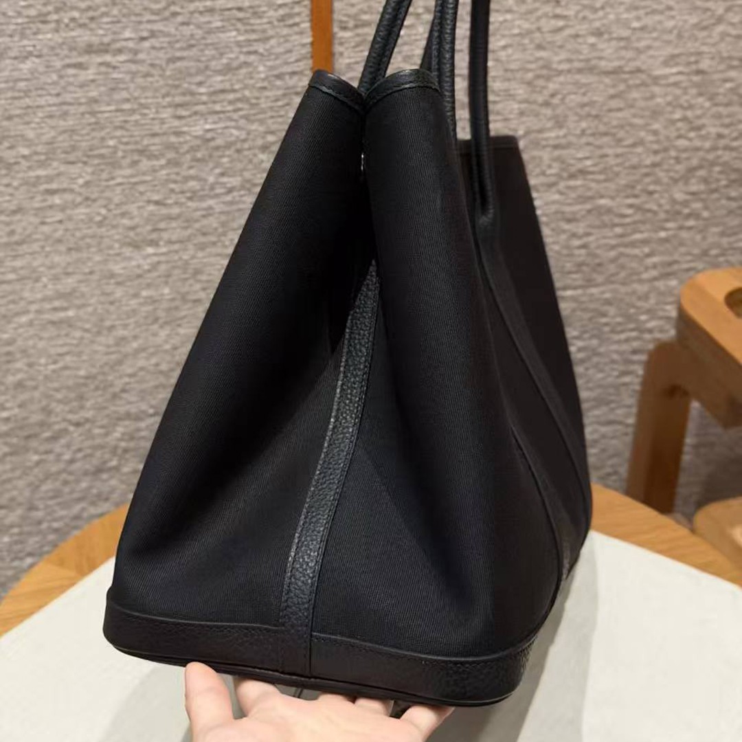 Hermes Garden Party 36 Bag Handmade In Negonda Calfskin Leather And Canvas Silver Hardware 89 Noir - Image 2