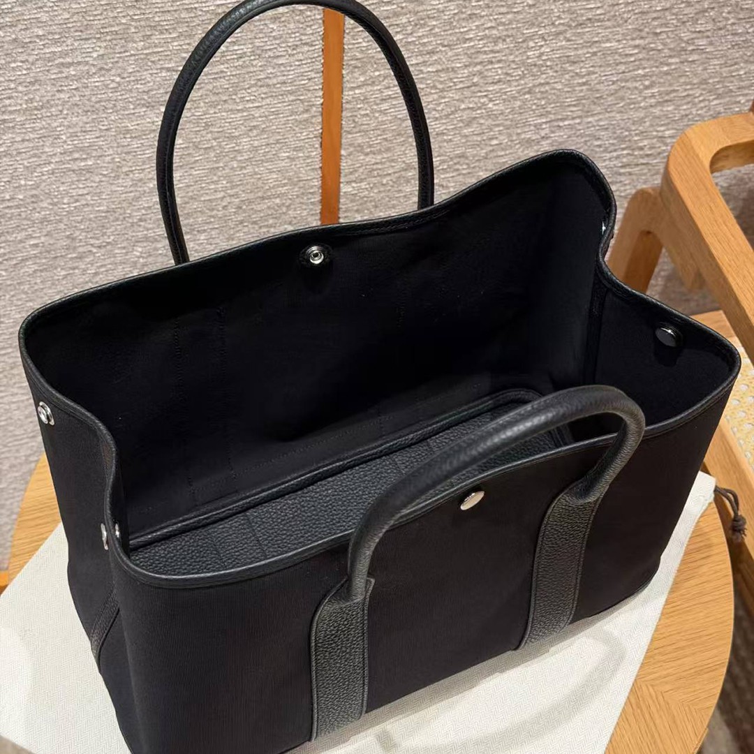Hermes Garden Party 36 Bag Handmade In Negonda Calfskin Leather And Canvas Silver Hardware 89 Noir - Image 10