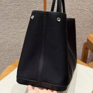 Hermes Garden Party 36 Bag Handmade In Negonda Calfskin Leather And Canvas Silver Hardware 89 Noir - Image 8