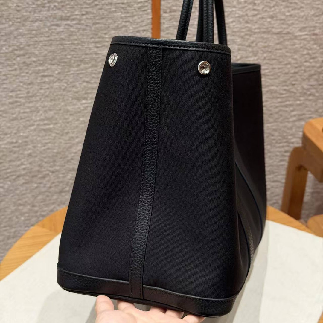 Hermes Garden Party 36 Bag Handmade In Negonda Calfskin Leather And Canvas Silver Hardware 89 Noir - Image 8