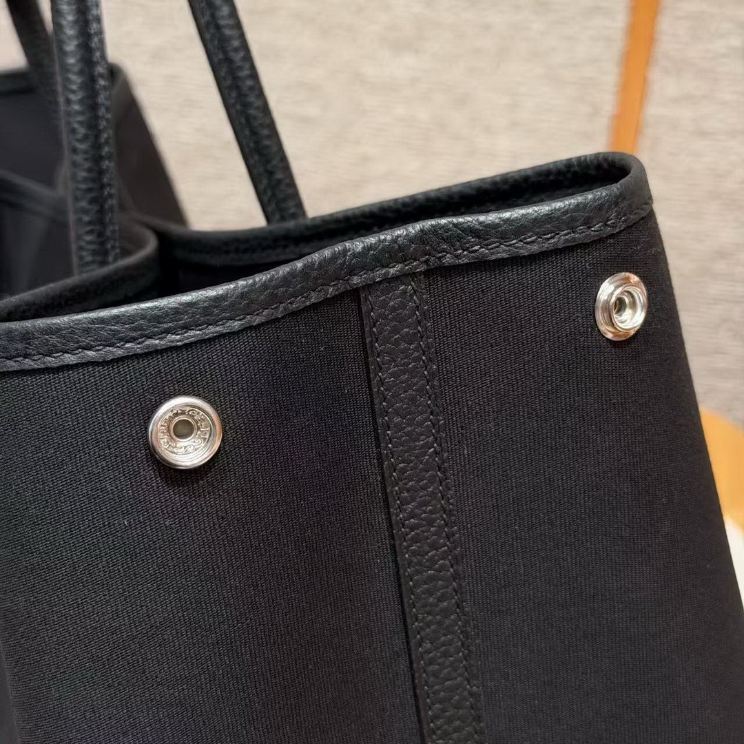 Hermes Garden Party 36 Bag Handmade In Negonda Calfskin Leather And Canvas Silver Hardware 89 Noir - Image 7