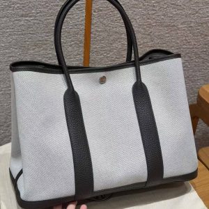Hermes Garden Party 36 Bag Handmade In Negonda Calfskin Leather And Canvas Silver Hardware Ecru Ebene