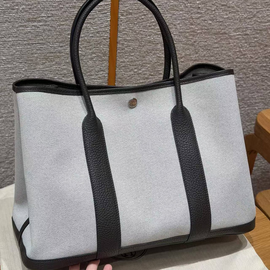 Hermes Garden Party 36 Bag Handmade In Negonda Calfskin Leather And Canvas Silver Hardware Ecru Ebene