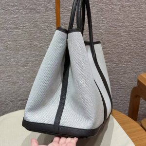 Hermes Garden Party 36 Bag Handmade In Negonda Calfskin Leather And Canvas Silver Hardware Ecru Ebene - Image 19