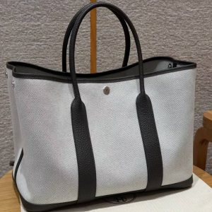 Hermes Garden Party 36 Bag Handmade In Negonda Calfskin Leather And Canvas Silver Hardware Ecru Ebene - Image 12