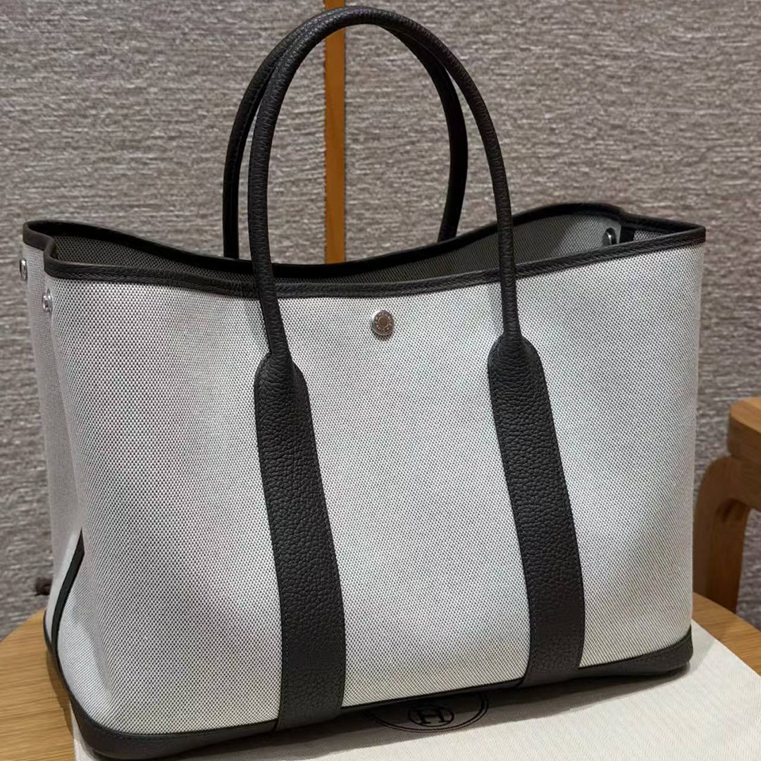 Hermes Garden Party 36 Bag Handmade In Negonda Calfskin Leather And Canvas Silver Hardware Ecru Ebene - Image 12
