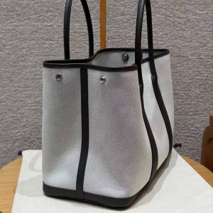 Hermes Garden Party 36 Bag Handmade In Negonda Calfskin Leather And Canvas Silver Hardware Ecru Ebene - Image 11