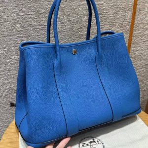 Hermes Garden Party 36 Bag Handmade In Negonda Calfskin Leather Silver Hardware T7 Blue Hydra