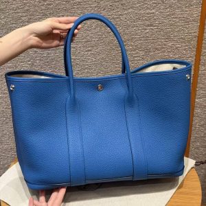 Hermes Garden Party 36 Bag Handmade In Negonda Calfskin Leather Silver Hardware T7 Blue Hydra - Image 17