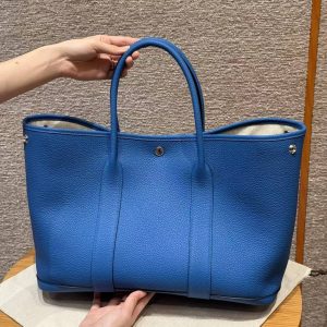 Hermes Garden Party 36 Bag Handmade In Negonda Calfskin Leather Silver Hardware T7 Blue Hydra - Image 16