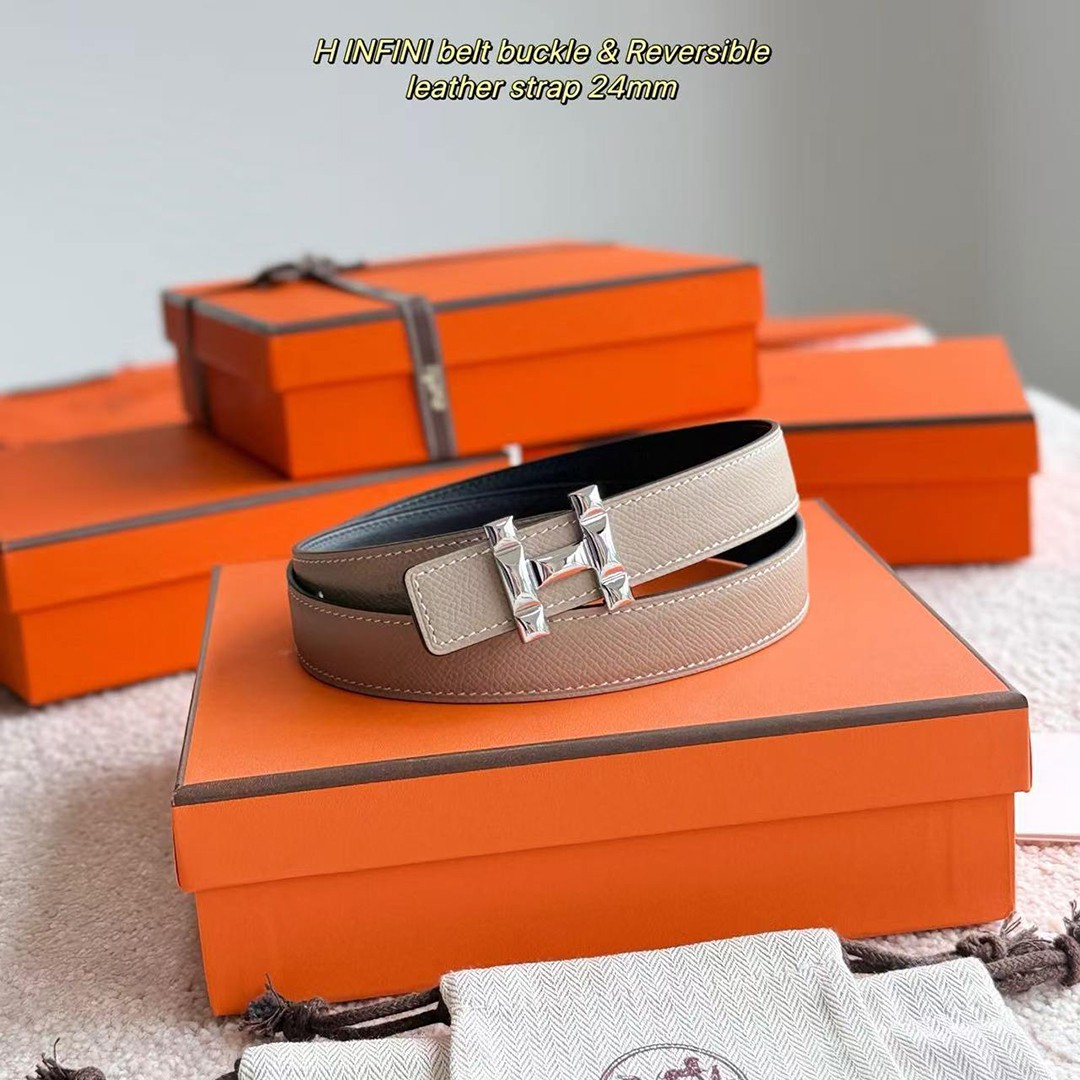 Hermes H Infini Belt Buckle & Reversible Leather Strap 24 mm Swift and Epsom Calfskin Étoupe Noir - Image 5