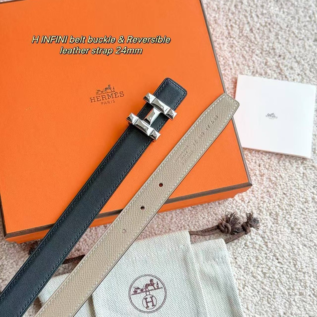 Hermes H Infini Belt Buckle & Reversible Leather Strap 24 mm Swift and Epsom Calfskin Étoupe Noir - Image 2