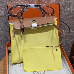 Hermes Herbag Zip 31 Bag Retourne Jaune Citron Cuivre Naturel Sable Handmade In Canvas and Hunter Cowhide Silver Hardware - Image 10