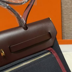 Hermes Herbag Zip 31 Bag Retourne 7U Blue Navy 0G Rouga Seller Handmade In Canvas and Hunter Cowhide Gold Hardware - Image 7