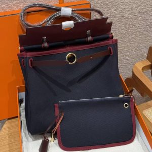 Hermes Herbag Zip 31 Bag Retourne 7U Blue Navy 0G Rouga Seller Handmade In Canvas and Hunter Cowhide Gold Hardware - Image 18