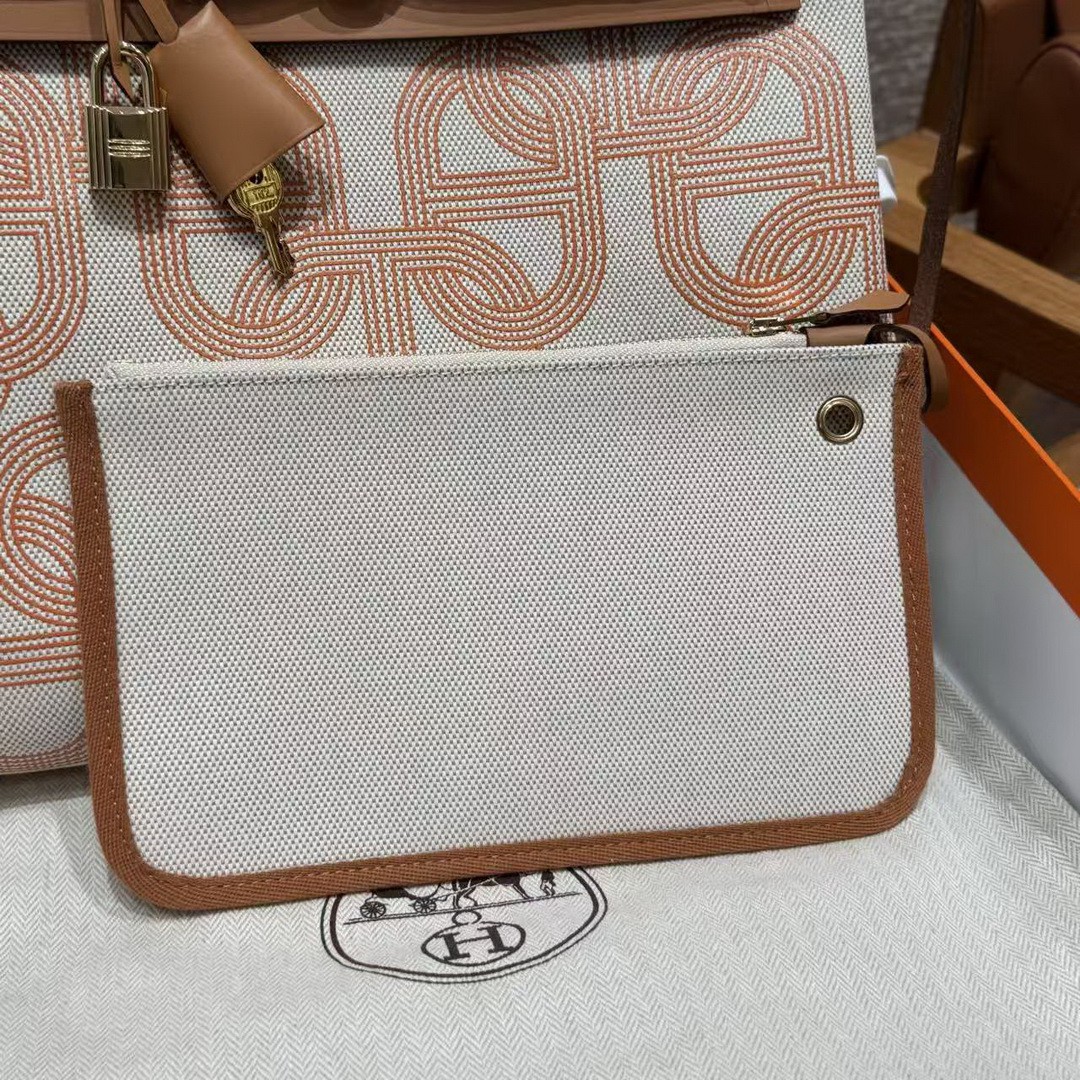 Hermes Herbag Zip 31 Bag Retourne Orange Mécano Ecru Beige Nature Handmade In Canvas and Hunter Cowhide Gold Hardware - Image 7