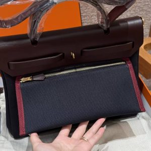 Hermes Herbag Zip 31 Bag Retourne 7U Blue Navy 0G Rouga Seller Handmade In Canvas and Hunter Cowhide Gold Hardware - Image 9