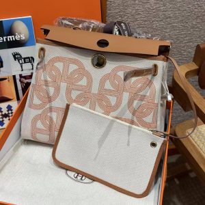 Hermes Herbag Zip 31 Bag Retourne Orange Mécano Ecru Beige Nature Handmade In Canvas and Hunter Cowhide Gold Hardware - Image 11