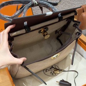 Hermes Herbag Zip 31 Bag Retourne Ecru Beige Naturel Sable 46 Ebene Handmade In Canvas and Hunter Cowhide Gold Hardware - Image 17