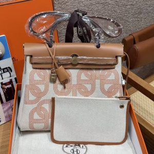 Hermes Herbag Zip 31 Bag Retourne Orange Mécano Ecru Beige Nature Handmade In Canvas and Hunter Cowhide Gold Hardware
