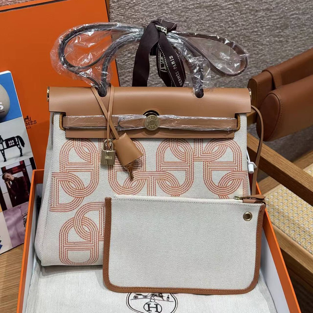 Hermes Herbag Zip 31 Bag Retourne Orange Mécano Ecru Beige Nature Handmade In Canvas and Hunter Cowhide Gold Hardware