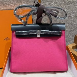 Hermes Herbag Zip 31 Bag Retourne 9i Magnolia 73 Blue Saphir Handmade In Canvas and Hunter Cowhide Silver Hardware