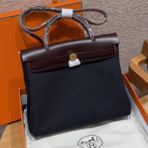 Hermes Herbag Zip 31 Bag Retourne 7U Blue Navy 0G Rouga Seller Handmade In Canvas and Hunter Cowhide Gold Hardware