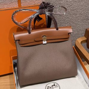 Hermes Herbag Zip 31 Bag Retourne Etoupe Fauve Handmade In Canvas and Hunter Cowhide Gold Hardware