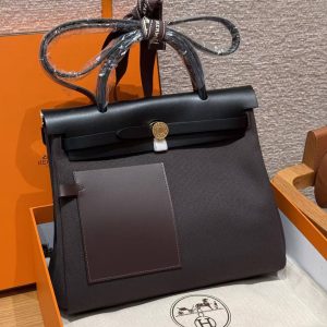 Hermes Herbag Zip 31 Bag Retourne T3 Bai Brun 46 Ebene 89 Noir Handmade In Canvas and Hunter Cowhide Gold Hardware