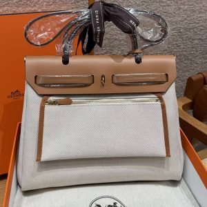 Hermes Herbag Zip 31 Bag Retourne Orange Mécano Ecru Beige Nature Handmade In Canvas and Hunter Cowhide Gold Hardware - Image 2