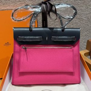 Hermes Herbag Zip 31 Bag Retourne 9i Magnolia 73 Blue Saphir Handmade In Canvas and Hunter Cowhide Silver Hardware - Image 2