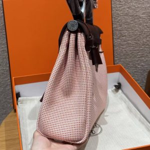 Hermes Herbag Zip 31 Bag Retourne Farbe écru Brique Mauve Pale Rouge Sellier Handmade In Canvas and Hunter Cowhide Silver Hardware - Image 27