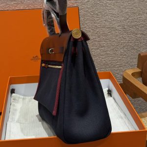 Hermes Herbag Zip 31 Bag Retourne 7U Blue Navy 0G Rouga Seller Handmade In Canvas and Hunter Cowhide Gold Hardware - Image 24