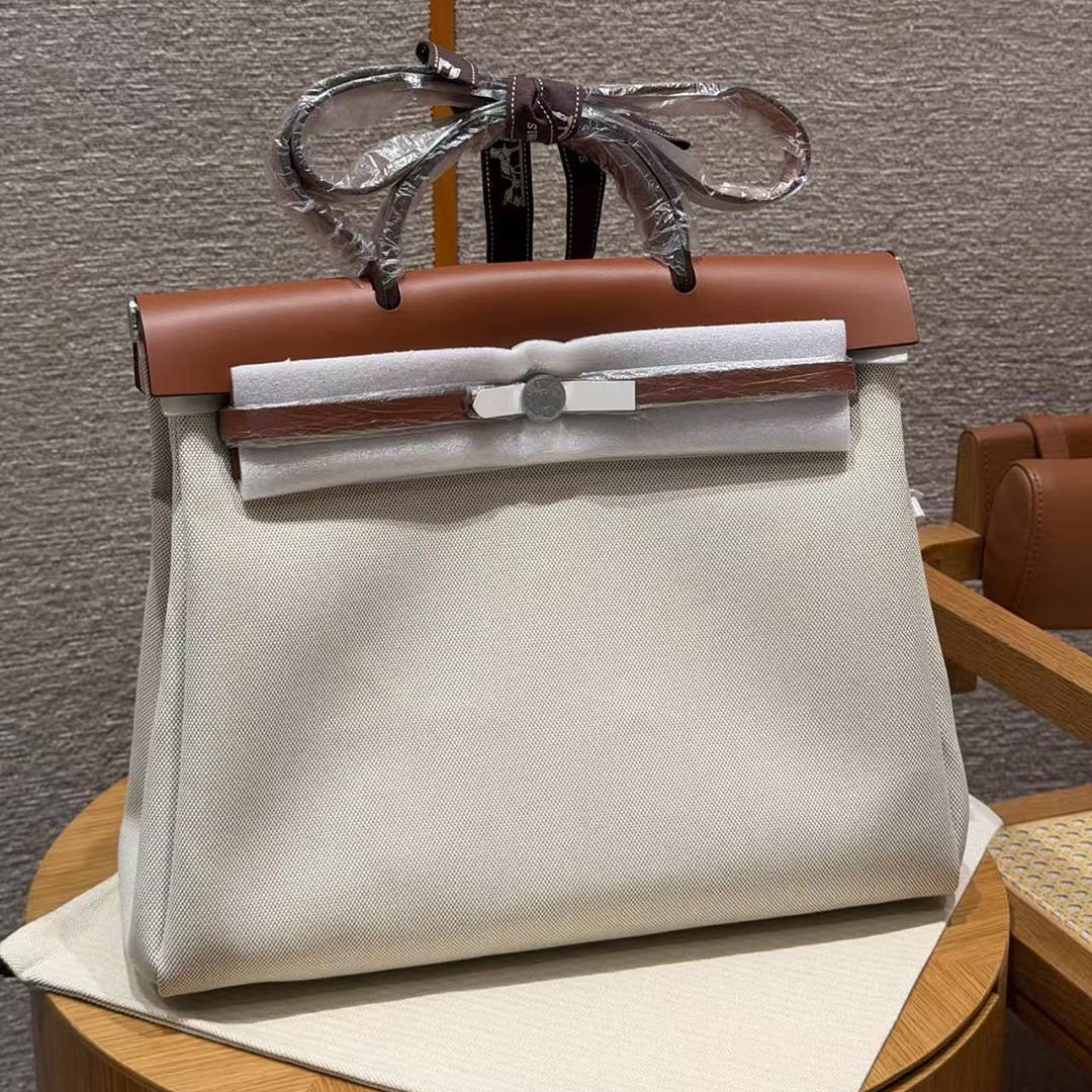 Hermes Herbag Messenger 39 Bag 10 Craie 37 Gold Handmade In H Viking Canvas and Hunter Cowhide Silver Hardware