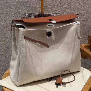 Hermes Herbag Messenger 39 Bag 10 Craie 37 Gold Handmade In H Viking Canvas and Hunter Cowhide Silver Hardware - Image 12